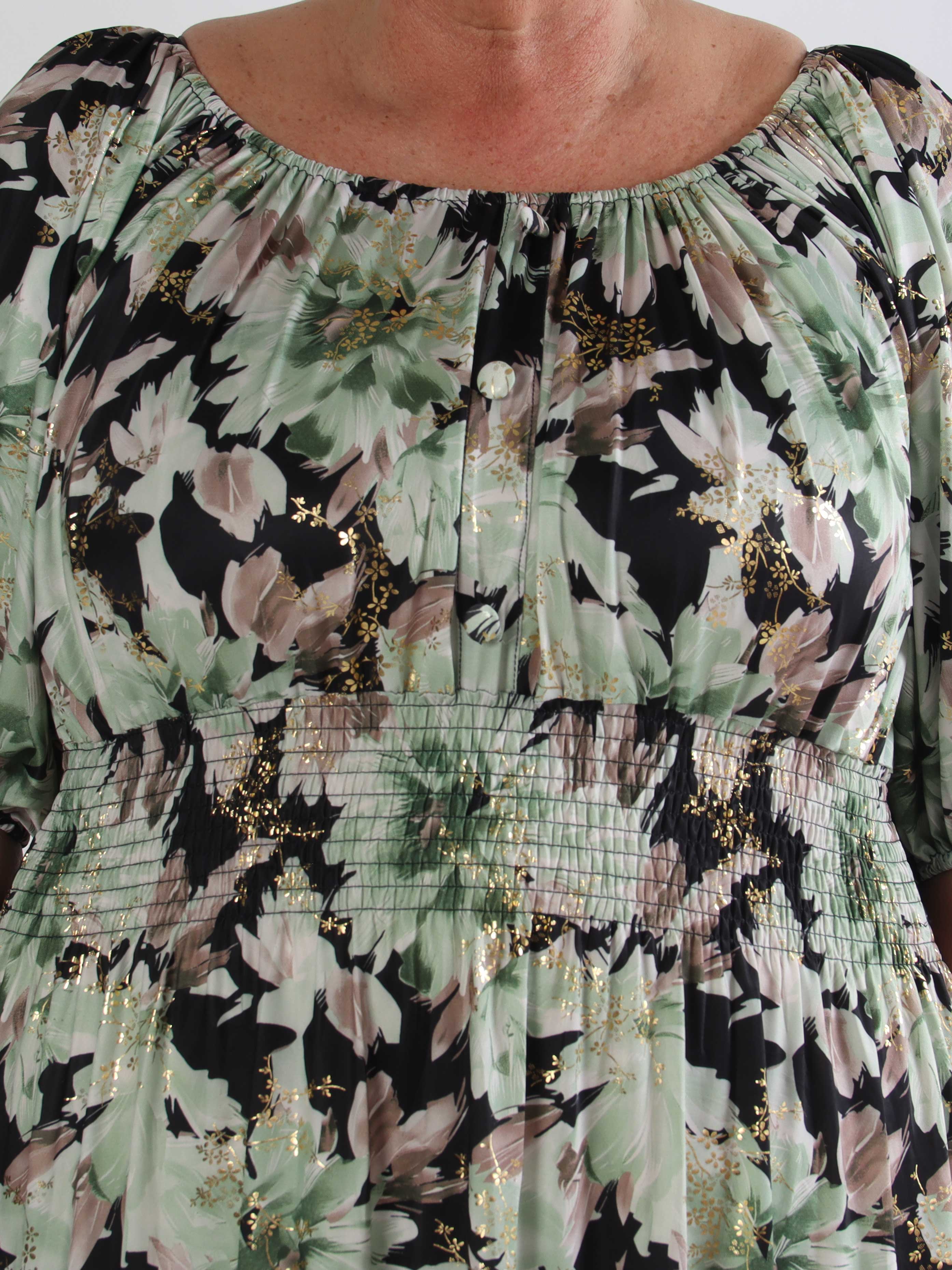 Cora Flower Midi - Elastisk blomstret plus size kjole med guld print